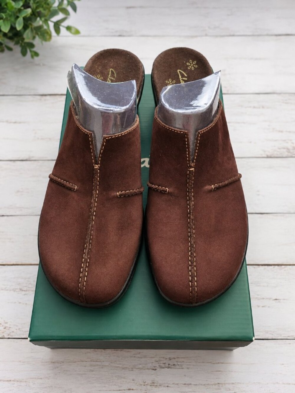 Clarks Delight Dark Brown Nubuck Leather Wedge Mule Clogs Women's  NIB